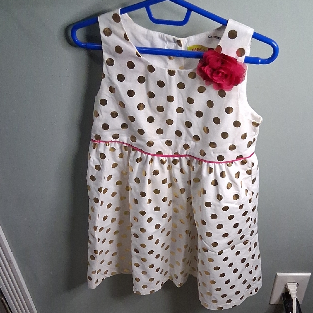 Penelope Mack White Dress with Gold Polka Dots and Pink Flower